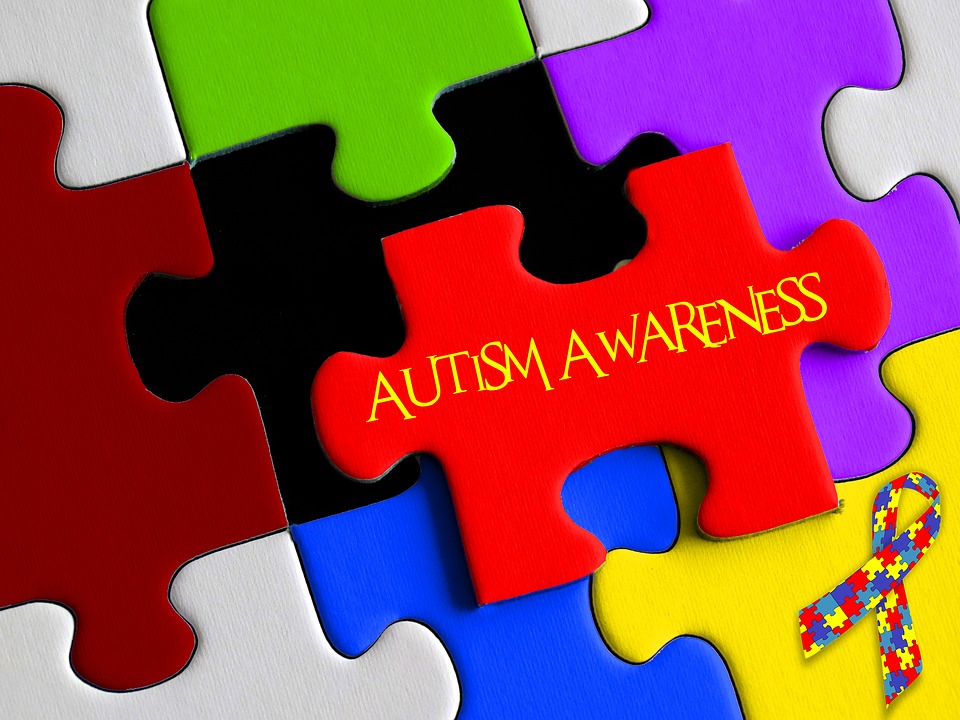 Multi coloured jigsaw pieces slotting together, central one says 'AUTISM AWARENESS'