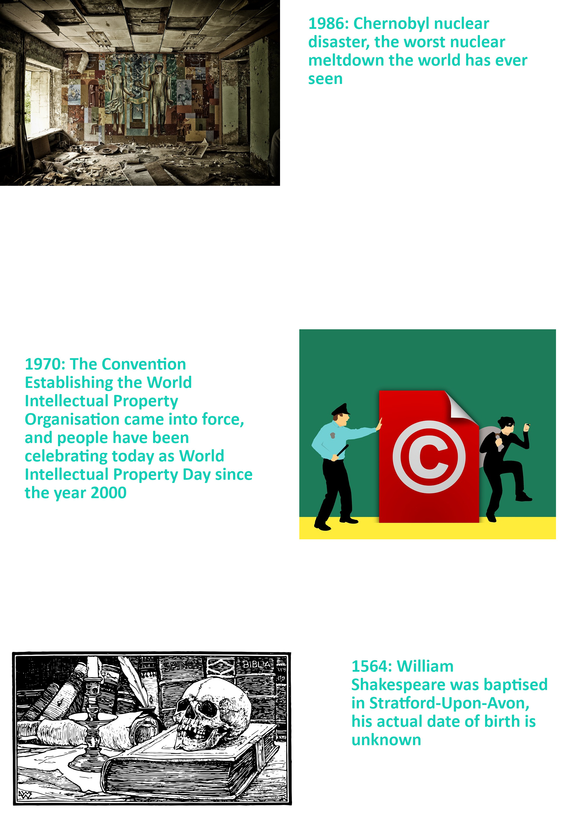 Pictures describing the anniversaries of the Chernobyl Disaster, World Intellectual Property Day and Shakespeare's baptism